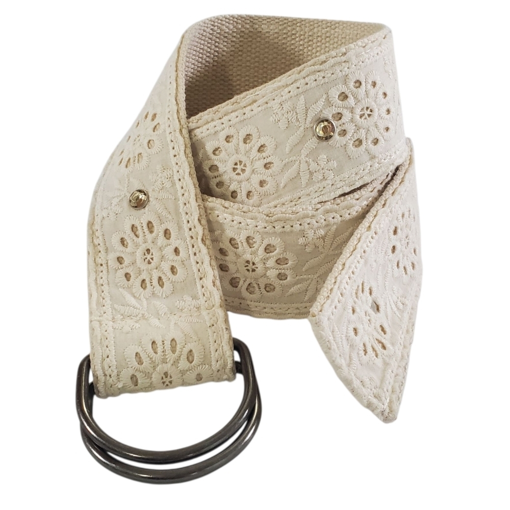 Unbranded Lace Eyelet Rhinestone Studded D Ring Belt Ivory Cream 44" Long